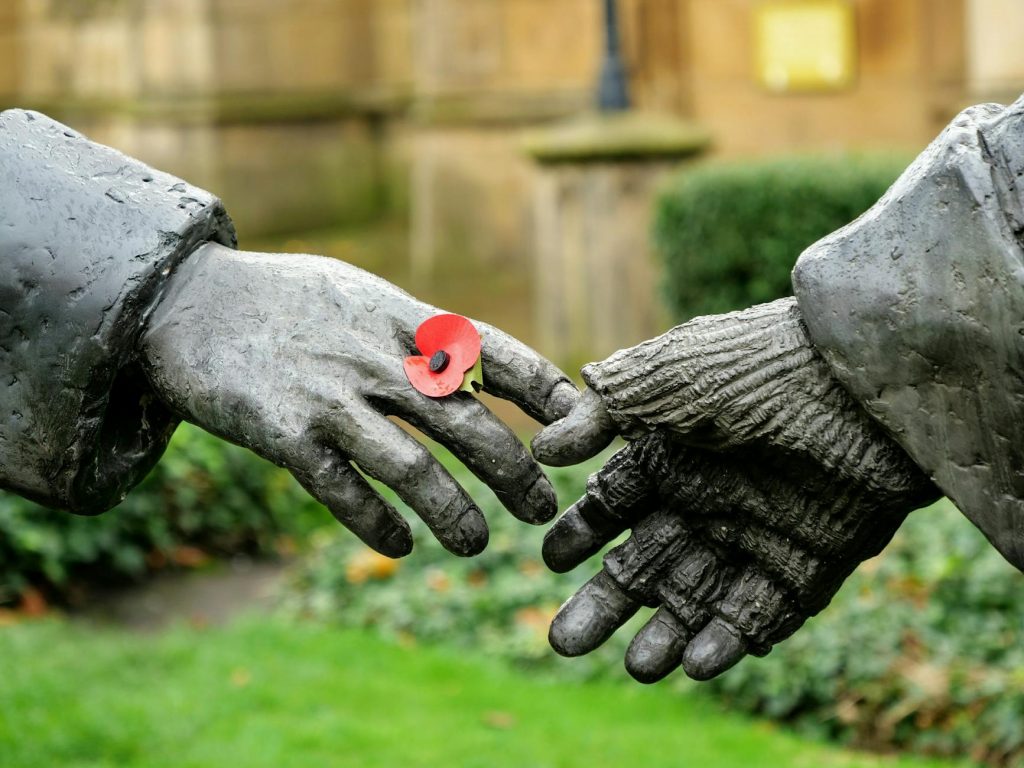 statue hands with poppy flower in liverpool